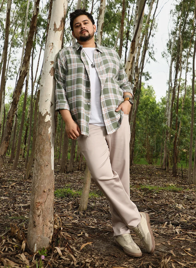 Instafab Plus  Instafab Plus Men Sonic-Plaid Check Jacquard Shirt | Spread Collar , Long Cuffed Sleeves | Button Closure , Curved Hem | Checks Jacquard | Woven Fabric For Casual & Daily Wear | Light Olive for Men | Best Price UAE