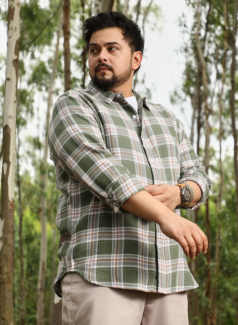 Instafab Plus  Instafab Plus Men Sonic-Plaid Check Jacquard Shirt | Spread Collar , Long Cuffed Sleeves | Button Closure , Curved Hem | Checks Jacquard | Woven Fabric For Casual & Daily Wear | Light Olive for Men | Best Price UAE
