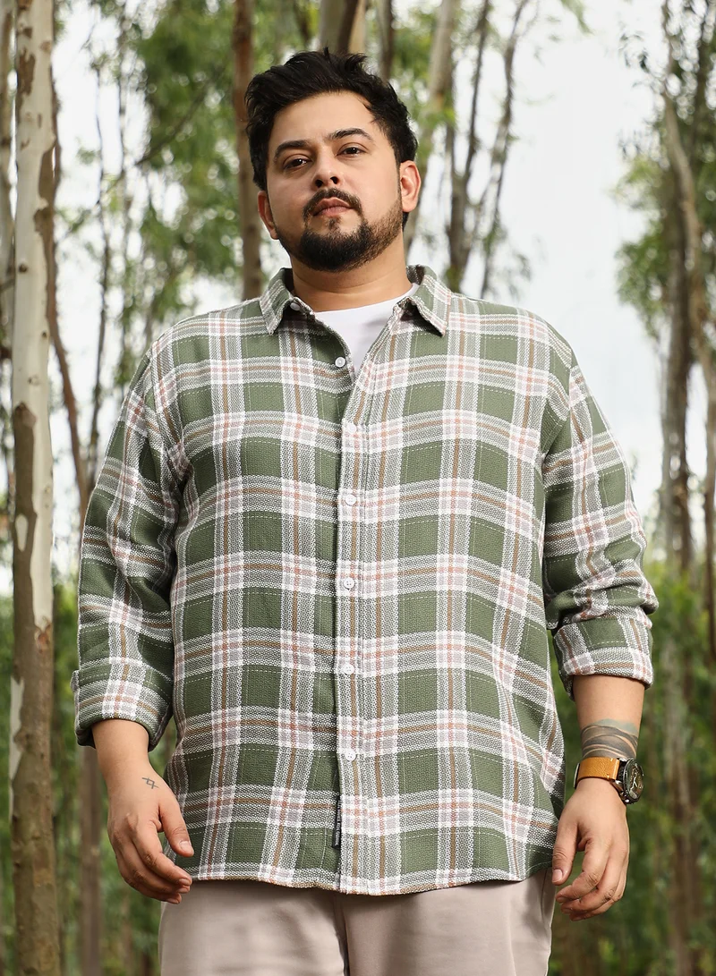 Instafab Plus Instafab Plus Men Sonic-Plaid Check Jacquard Shirt | Spread Collar , Long Cuffed Sleeves | Button Closure , Curved Hem | Checks Jacquard | Woven Fabric For Casual & Daily Wear | Light Olive