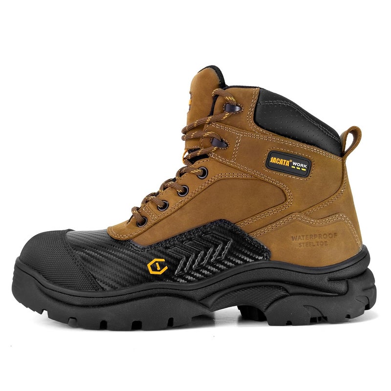 Jacata Waterproof Leather Soft/Steel Toe Work Boots For Men,Heavy Duty 6Inch Oil/Slip Resistant Rubber Outsole Comfortable Construction Industrial Safety Menâ€™s Work Boots (Brown Softtoe size11) - Image 1