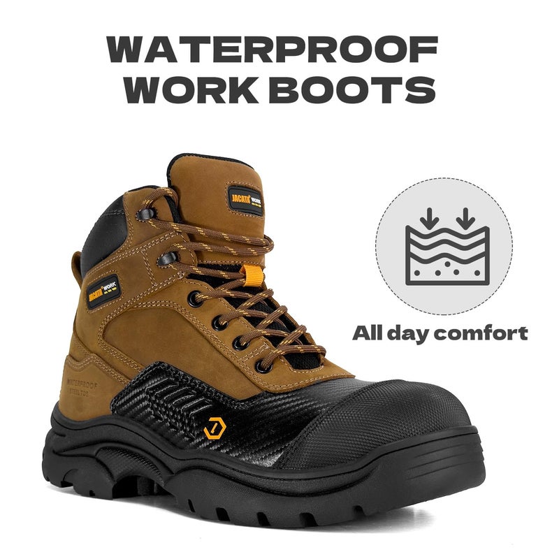Jacata Waterproof Leather Soft/Steel Toe Work Boots For Men,Heavy Duty 6Inch Oil/Slip Resistant Rubber Outsole Comfortable Construction Industrial Safety Menâ€™s Work Boots (Brown Softtoe size11) - Image 3