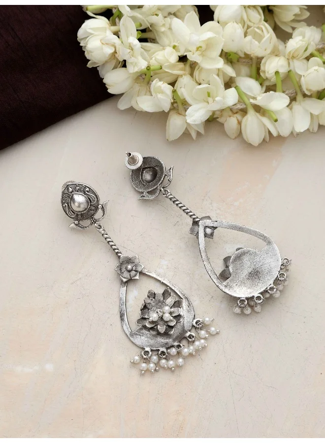 ترو برونز trueBrowns Silver  Tone Floral Chandbaali Earrings