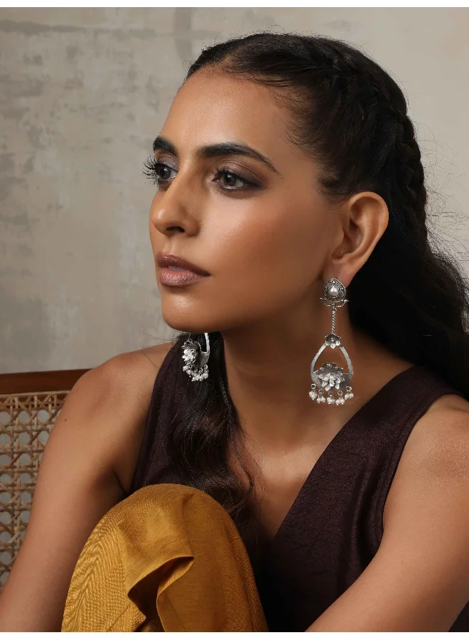 ترو برونز trueBrowns Silver  Tone Floral Chandbaali Earrings