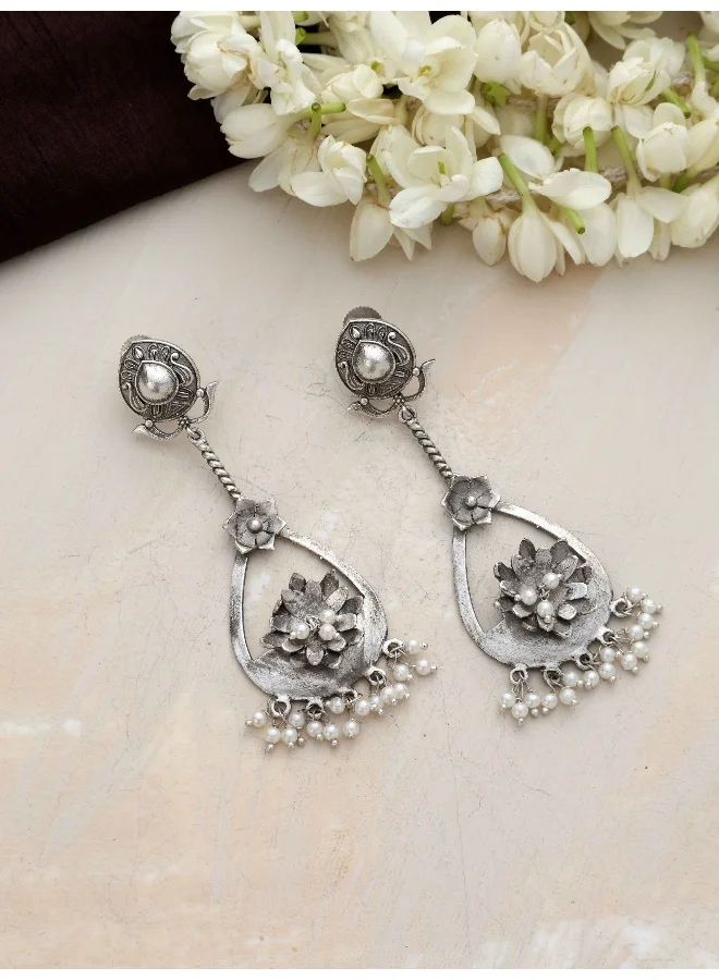 ترو برونز trueBrowns Silver  Tone Floral Chandbaali Earrings