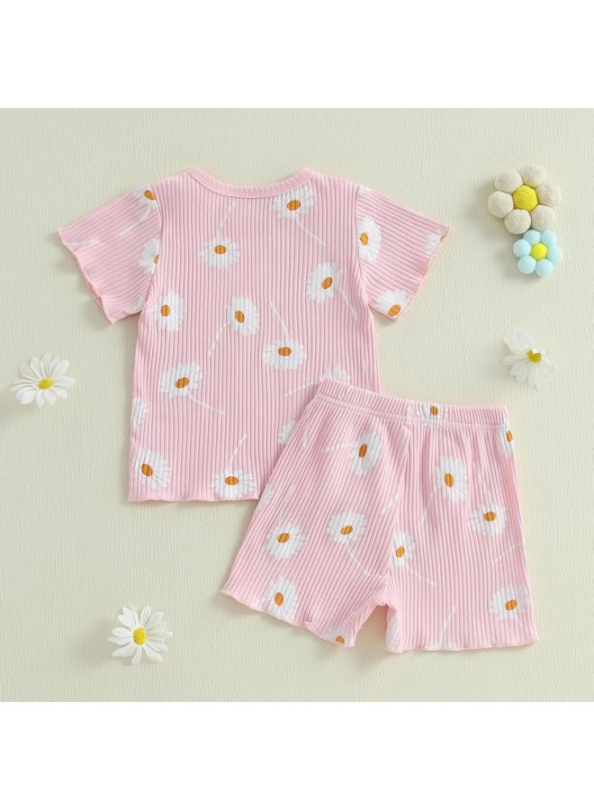 Kutterild Toddler Baby Girls Summer Outfits Cute Daisy Ruffle Ribbed Short Sleeve T-Shirts Tops Floral Shorts 2Pcs Sets, Pink, 6-12 Months - Image 4