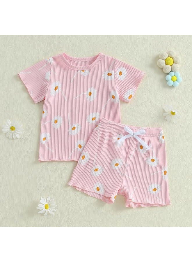 Kutterild Toddler Baby Girls Summer Outfits Cute Daisy Ruffle Ribbed Short Sleeve T-Shirts Tops Floral Shorts 2Pcs Sets, Pink, 6-12 Months - Image 2