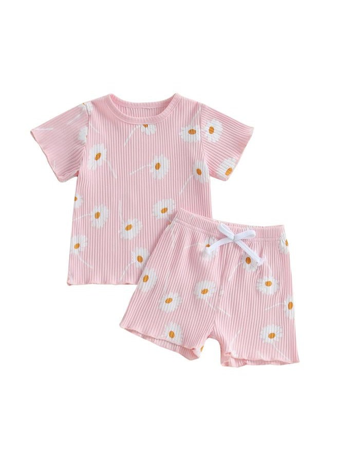 Kutterild Toddler Baby Girls Summer Outfits Cute Daisy Ruffle Ribbed Short Sleeve T-Shirts Tops Floral Shorts 2Pcs Sets, Pink, 6-12 Months - Image 1