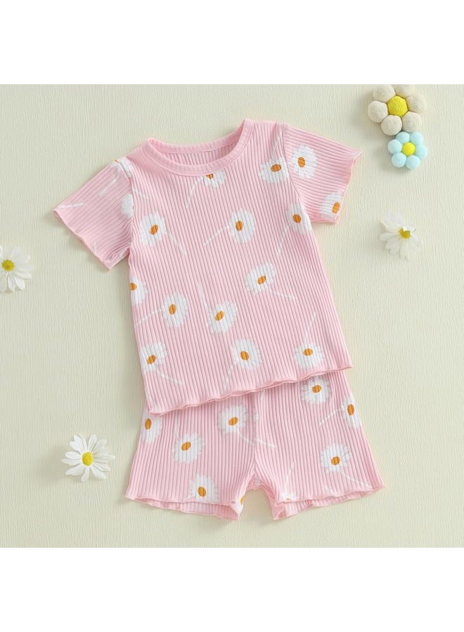 Kutterild Toddler Baby Girls Summer Outfits Cute Daisy Ruffle Ribbed Short Sleeve T-Shirts Tops Floral Shorts 2Pcs Sets, Pink, 6-12 Months - Image 3