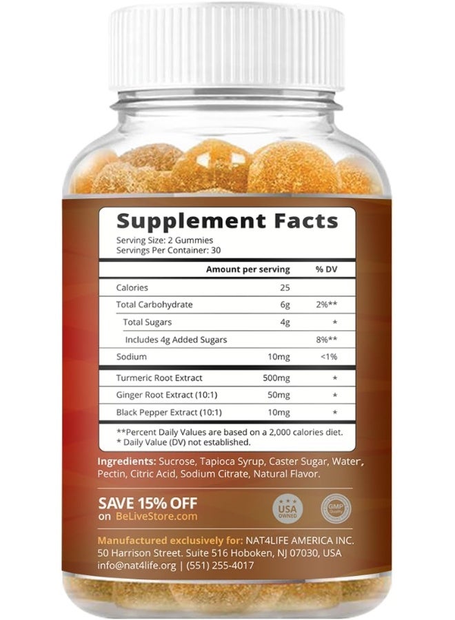 BeLive Vegetarian Friendly Turmeric with Ginger Gummies Curcumin Vitamins All Natural Chews for Adults & Kids (60 Count) - Image 2