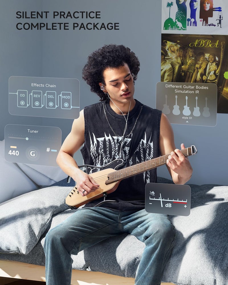 Donner Acoustic Electric Guitar HUSH I PRO Travel Guitar with Multiple Effect Modes Smart Guitarra Kit of Earphone, Gig Bag, Strap, Charging Cable - Image 5