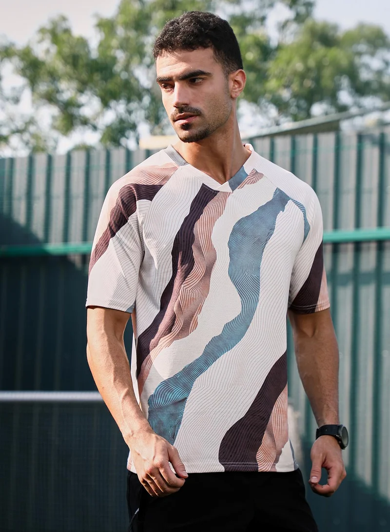 Campus Sutra Campus Sutra Men's Light Beige & Chocolate Brown Abstract TopographyActivewear T-Shirt For Casual Wear | V-Neck | Short Sleeves | Jersey T-Shirt Crafted With Comfort Fit For Everyday Wear