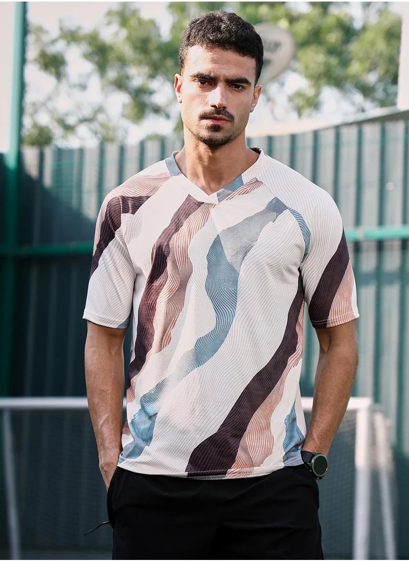 Campus Sutra Campus Sutra Men's Light Beige & Chocolate Brown Abstract TopographyActivewear T-Shirt For Casual Wear | V-Neck | Short Sleeves | Jersey T-Shirt Crafted With Comfort Fit For Everyday Wear