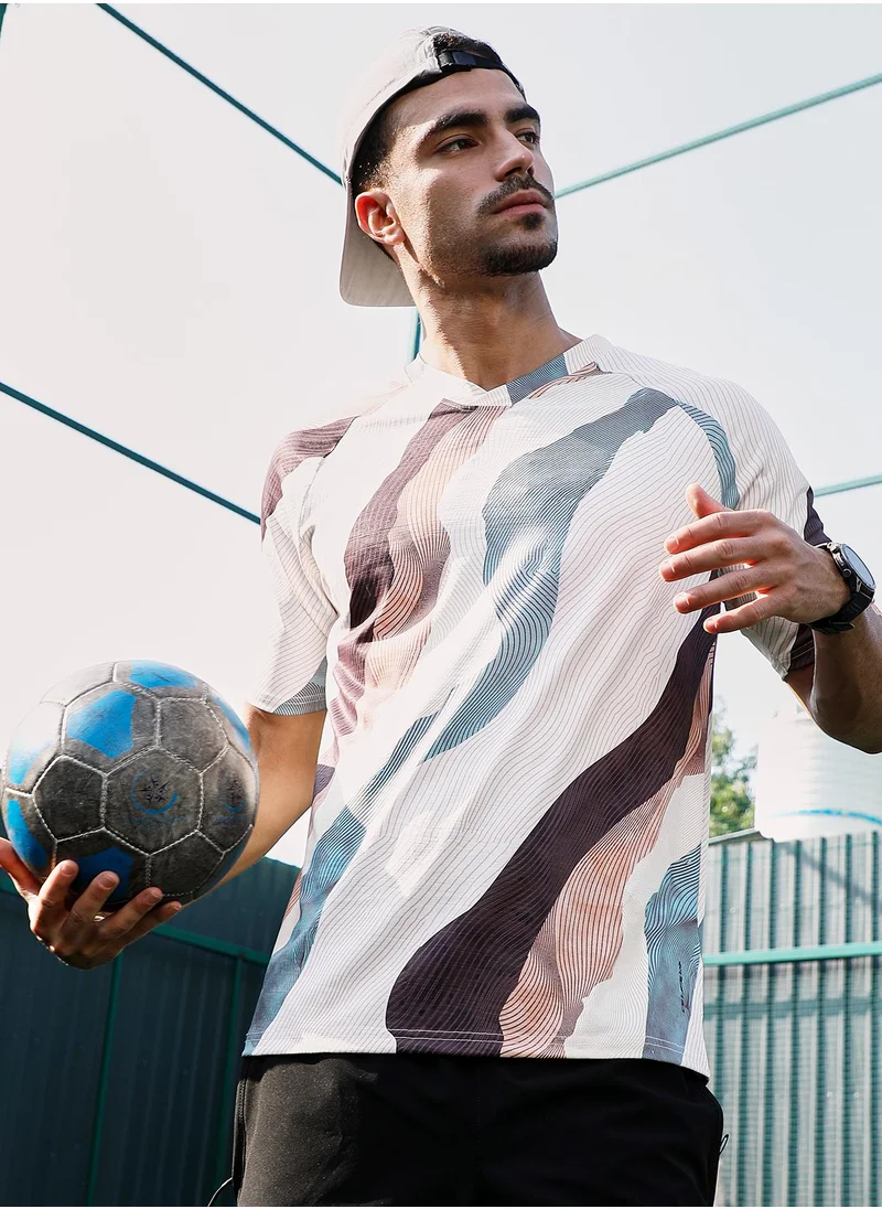 Campus Sutra Campus Sutra Men's Light Beige & Chocolate Brown Abstract TopographyActivewear T-Shirt For Casual Wear | V-Neck | Short Sleeves | Jersey T-Shirt Crafted With Comfort Fit For Everyday Wear
