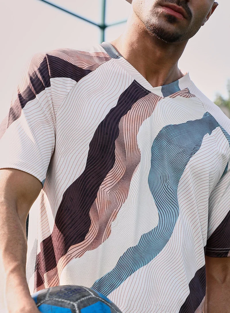 Campus Sutra Campus Sutra Men's Light Beige & Chocolate Brown Abstract TopographyActivewear T-Shirt For Casual Wear | V-Neck | Short Sleeves | Jersey T-Shirt Crafted With Comfort Fit For Everyday Wear
