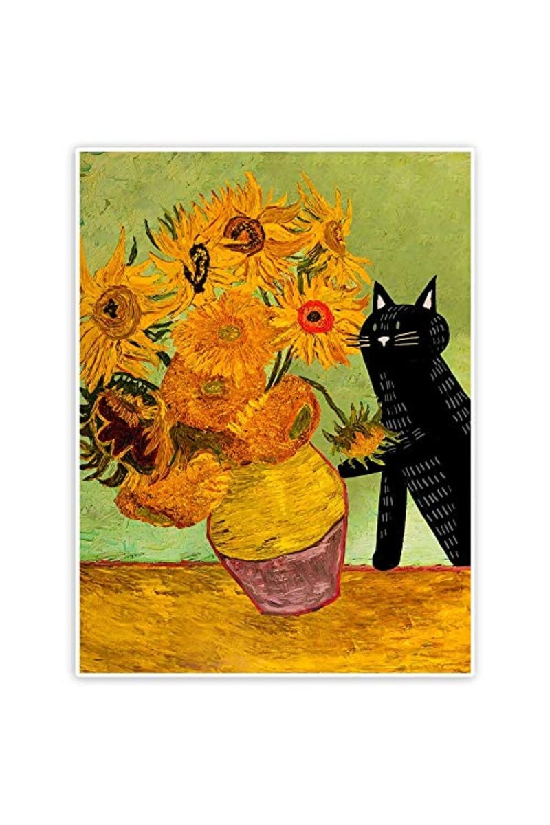 VERENIX Vintage Van Gogh Sunflower Cat Print Canvas Wall Art - Image 2