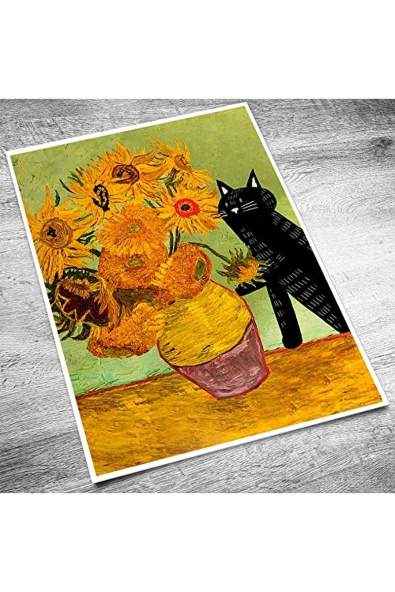 VERENIX Vintage Van Gogh Sunflower Cat Print Canvas Wall Art - Image 3