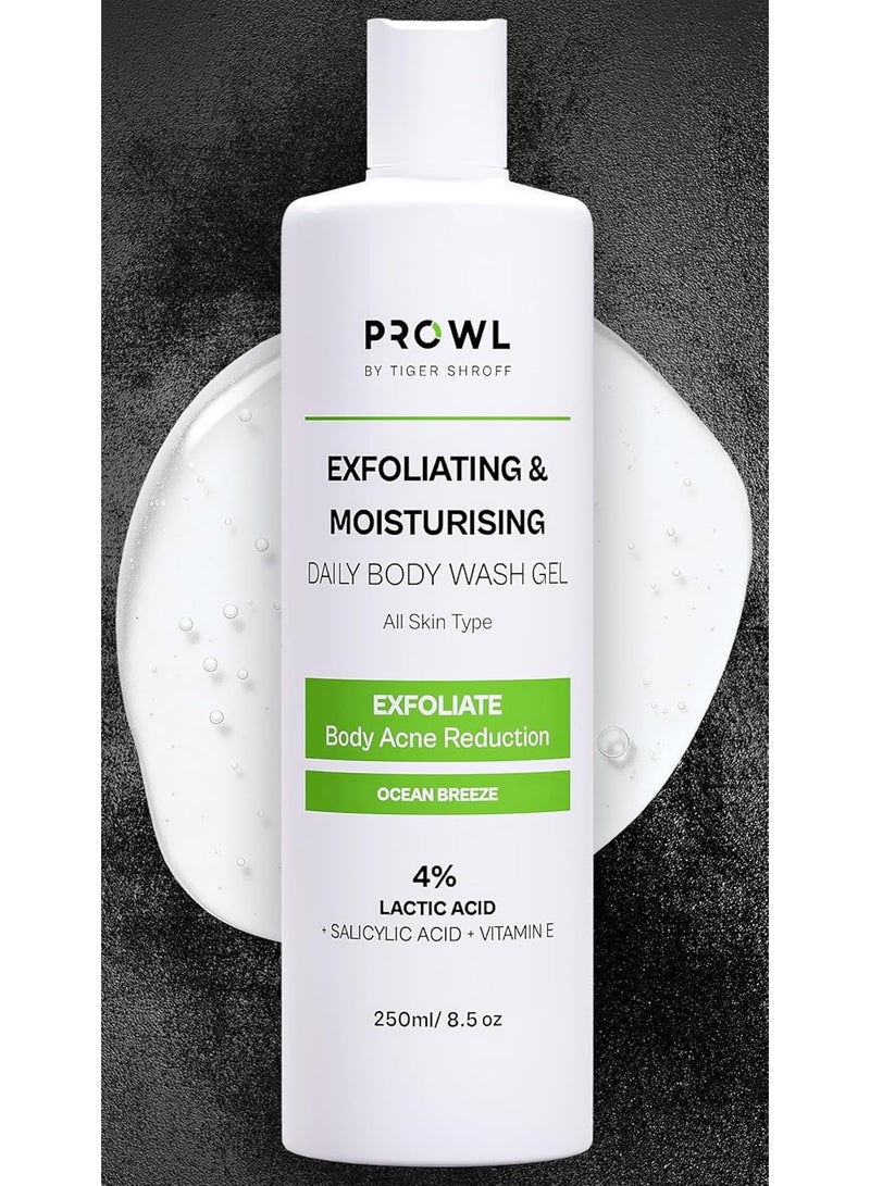 PROWL by Tiger Shroff Exfoliating Brightening & Moisturising Daily Body Wash gel  for Men 250ml|4% ( Salicylic Acid, Lactic Acid, Vit E) for Body Acne | All Skin Type  | Ocean Breeze - Image 1