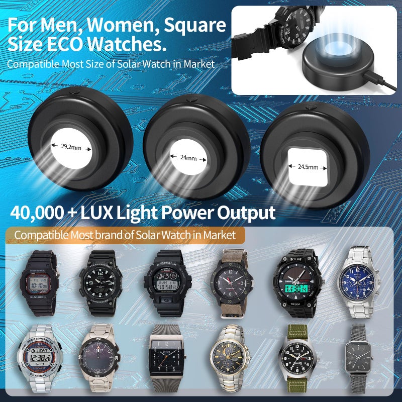 ECEEN Solar Watch Charger, 8 Hours Timing Off with Men, Women & Square 3 Caps, LED UV Light Charge Eco Driver Watches Compatible Casio/Tough/Protrek/Seiko/Citizen/Garmin/Timex/Bering/FANMIS (Black) - Image 4
