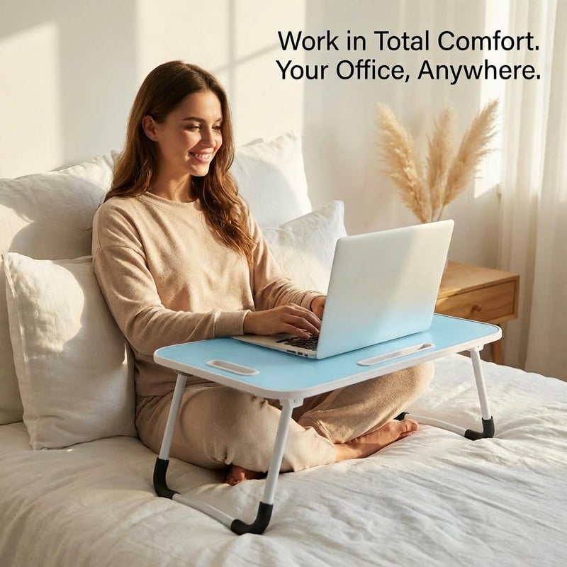 BUYIFY Folding Lap Desk, 23 Inch Portable Wood Blue Laptop Bed Desk Lap Desk with Cup Holder, for Working Reading Writing, Eating, Watching Movies for Bed Sofa Couch Floor- new005 Blue - Image 5