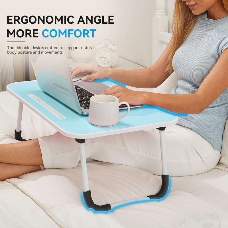 BUYIFY Folding Lap Desk, 23 Inch Portable Wood Blue Laptop Bed Desk Lap Desk with Cup Holder, for Working Reading Writing, Eating, Watching Movies for Bed Sofa Couch Floor- new005 Blue - Image 2