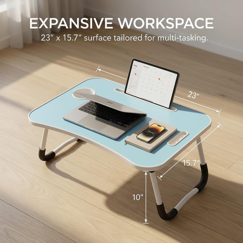 BUYIFY Folding Lap Desk, 23 Inch Portable Wood Blue Laptop Bed Desk Lap Desk with Cup Holder, for Working Reading Writing, Eating, Watching Movies for Bed Sofa Couch Floor- new005 Blue - Image 4