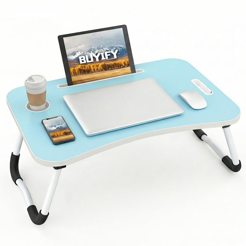 BUYIFY Folding Lap Desk, 23 Inch Portable Wood Blue Laptop Bed Desk Lap Desk with Cup Holder, for Working Reading Writing, Eating, Watching Movies for Bed Sofa Couch Floor- new005 Blue - Image 1