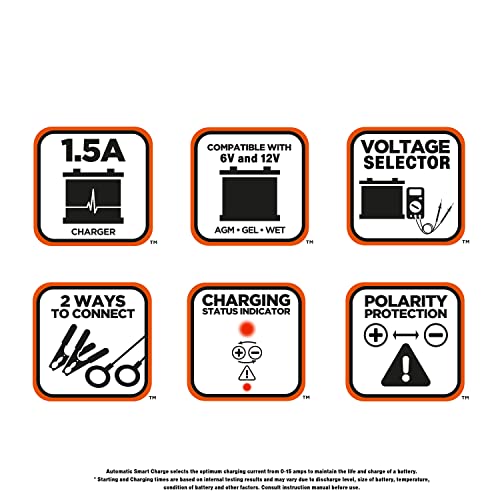 BLACK+DECKER BM3B Fully Automatic 6V/12V Battery Charger/Maintainer with Cable Clamps and O-Ring Terminals, Multi, 1.5 Amp - Image 5