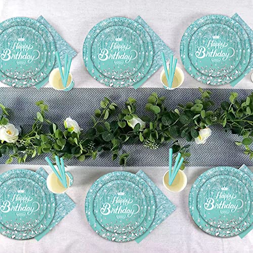 DISRUB Teal and Silver Party Tableware - Complete Pack for Birthday, Baby Shower Party Including Plates, Cups, Napkins, Straws - Image 5