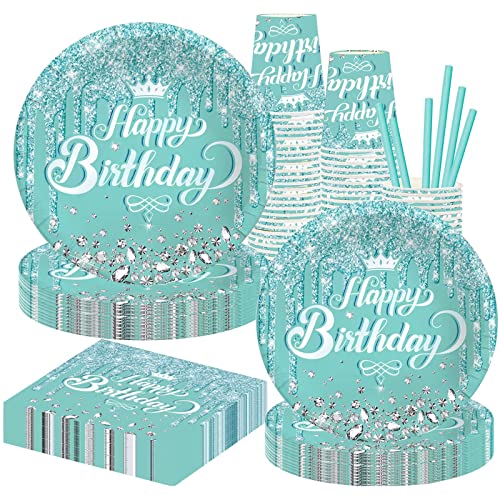 DISRUB Teal and Silver Party Tableware - Complete Pack for Birthday, Baby Shower Party Including Plates, Cups, Napkins, Straws - Image 1