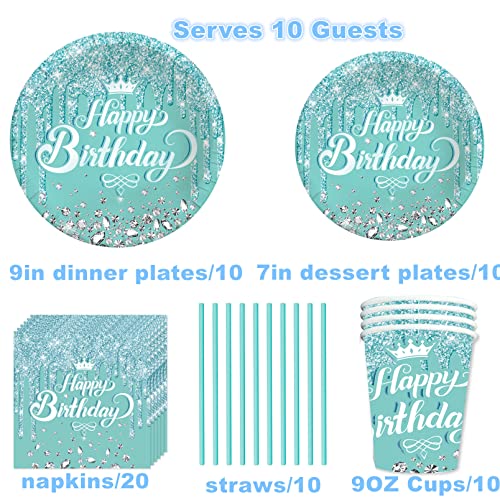 DISRUB Teal and Silver Party Tableware - Complete Pack for Birthday, Baby Shower Party Including Plates, Cups, Napkins, Straws - Image 2