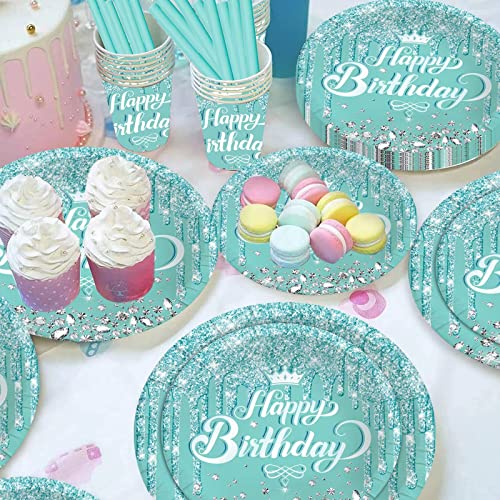 DISRUB Teal and Silver Party Tableware - Complete Pack for Birthday, Baby Shower Party Including Plates, Cups, Napkins, Straws - Image 3