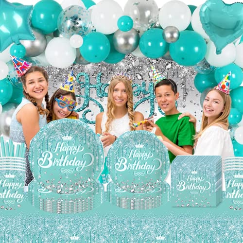 DISRUB Teal and Silver Party Tableware - Complete Pack for Birthday, Baby Shower Party Including Plates, Cups, Napkins, Straws - Image 4