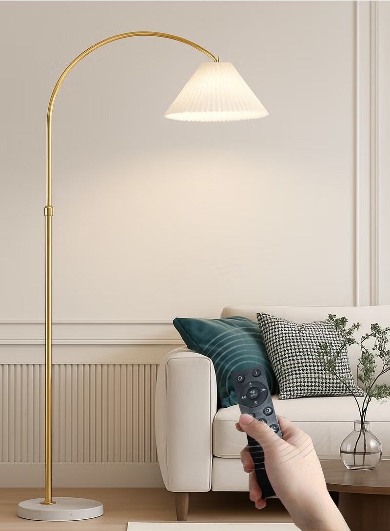 Fullight Modern Arc Floor Lamp with Pleated Shade, Gold, Adjustable Height, App & Remote Control, 3-Level Dimming, 12W LED, E27, Marble Base,172×35 cm, for Living Room, Bedroom, Office - Image 1