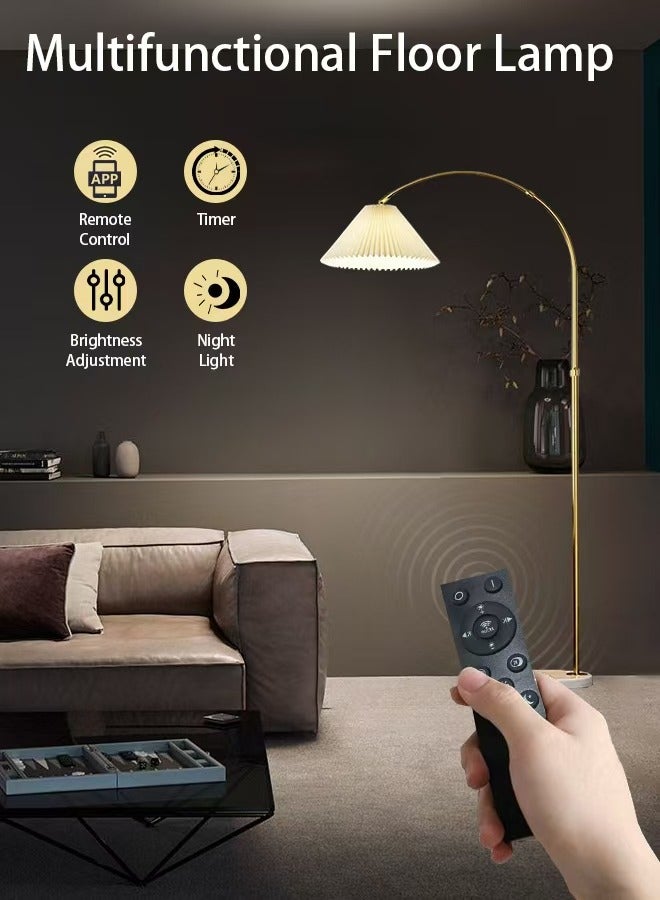 Fullight Modern Arc Floor Lamp with Pleated Shade, Gold, Adjustable Height, App & Remote Control, 3-Level Dimming, 12W LED, E27, Marble Base,172×35 cm, for Living Room, Bedroom, Office - Image 2