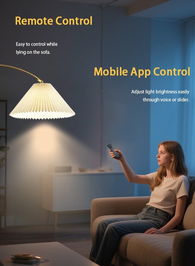 Fullight Modern Arc Floor Lamp with Pleated Shade, Gold, Adjustable Height, App & Remote Control, 3-Level Dimming, 12W LED, E27, Marble Base,172×35 cm, for Living Room, Bedroom, Office - Image 3