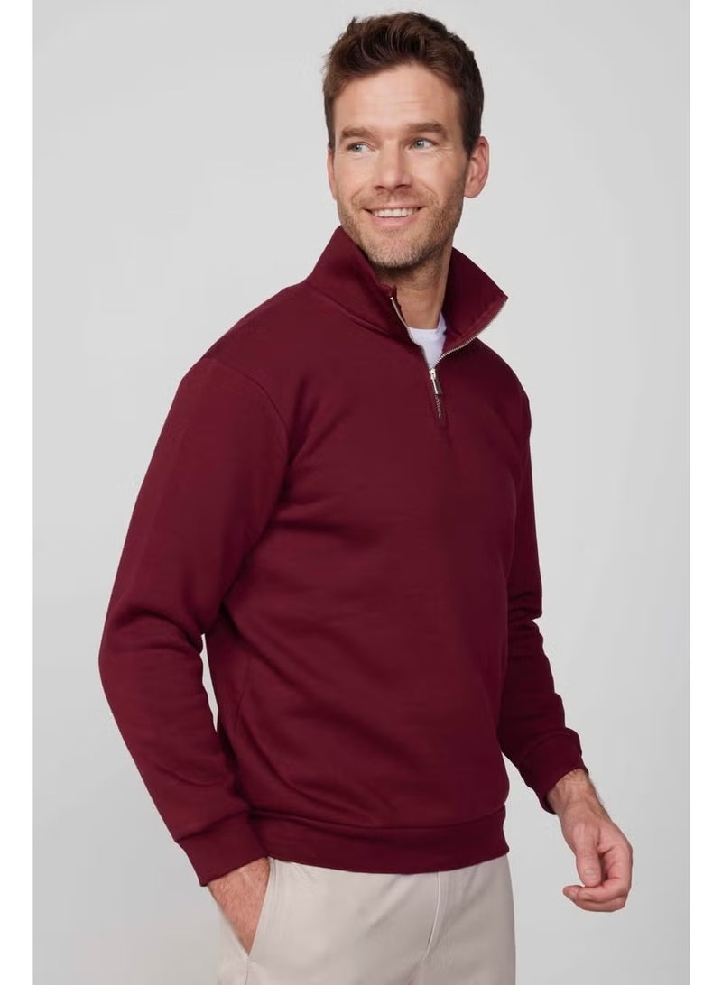 Tudors Cotton Stand Collar Zippered Claret Red Unisex Sweatshirt - Image 2