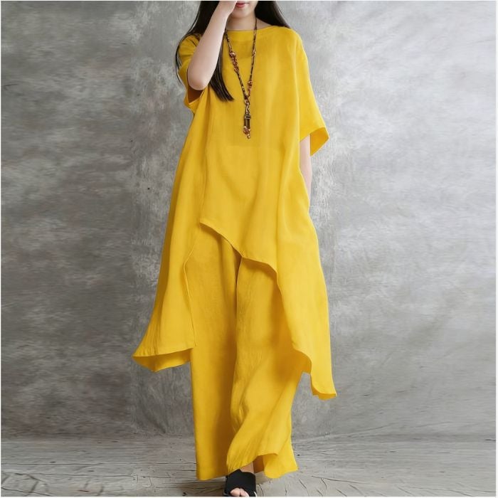 New Style Solid Color Cotton and Linen Irregular Casual Loose Plus-Size Long-Sleeve Set with Wide-Leg Pants Two-Piece Set for Women