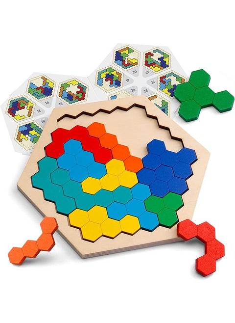 Coogam Wooden Hexagon Puzzle for Kid Adults - Shape Pattern Block Tangram Brain Teaser Toy Geometry Logic IQ Game STEM Montessori Educational Gift for All Ages Challenge