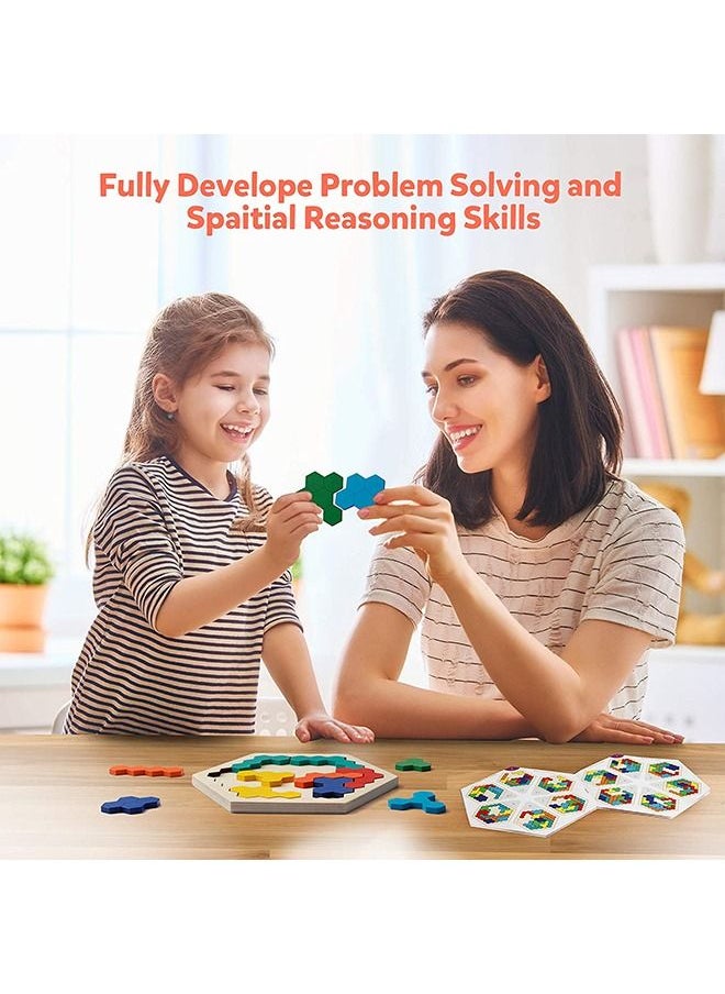 Coogam Wooden Hexagon Puzzle for Kid Adults - Shape Pattern Block Tangram Brain Teaser Toy Geometry Logic IQ Game STEM Montessori Educational Gift for All Ages Challenge