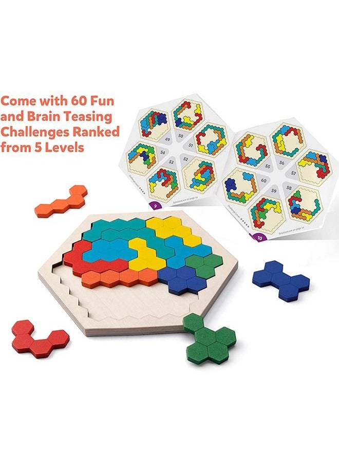 Coogam Wooden Hexagon Puzzle for Kid Adults - Shape Pattern Block Tangram Brain Teaser Toy Geometry Logic IQ Game STEM Montessori Educational Gift for All Ages Challenge