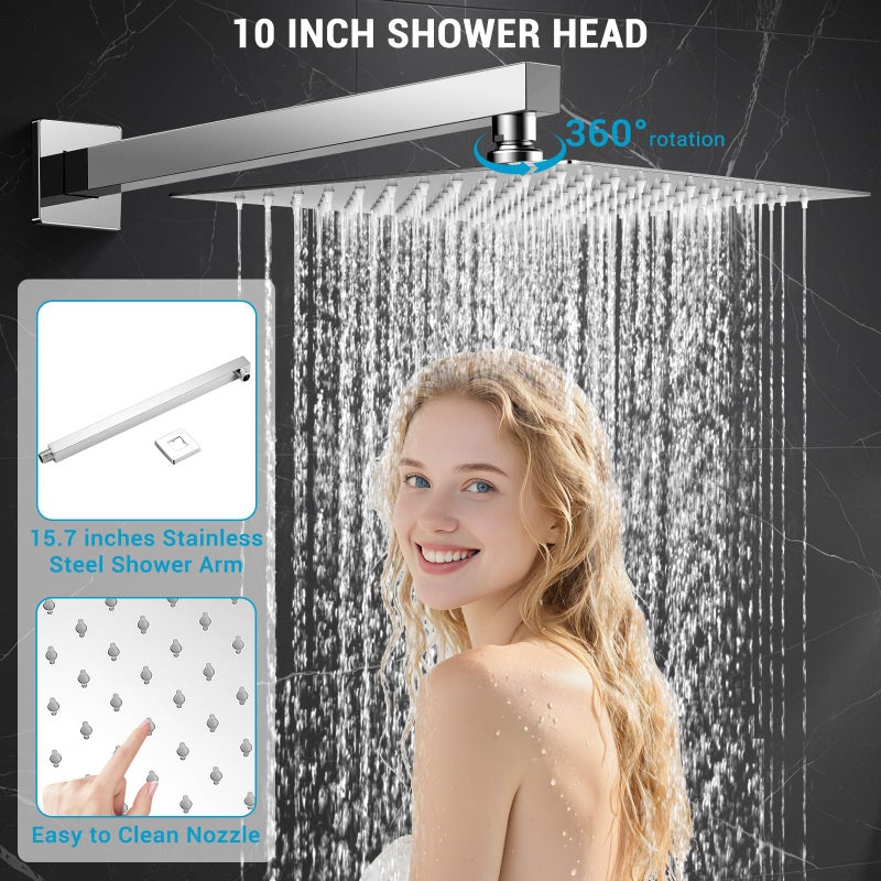 IUERASD Shower Faucet set with Shower head, Wall Mount 10 Inch Square Rainfall Shower Head and Handle Set Single Handle Shower System Set with Female Threads Valve Body and Trim Included (Chrome) - Image 4