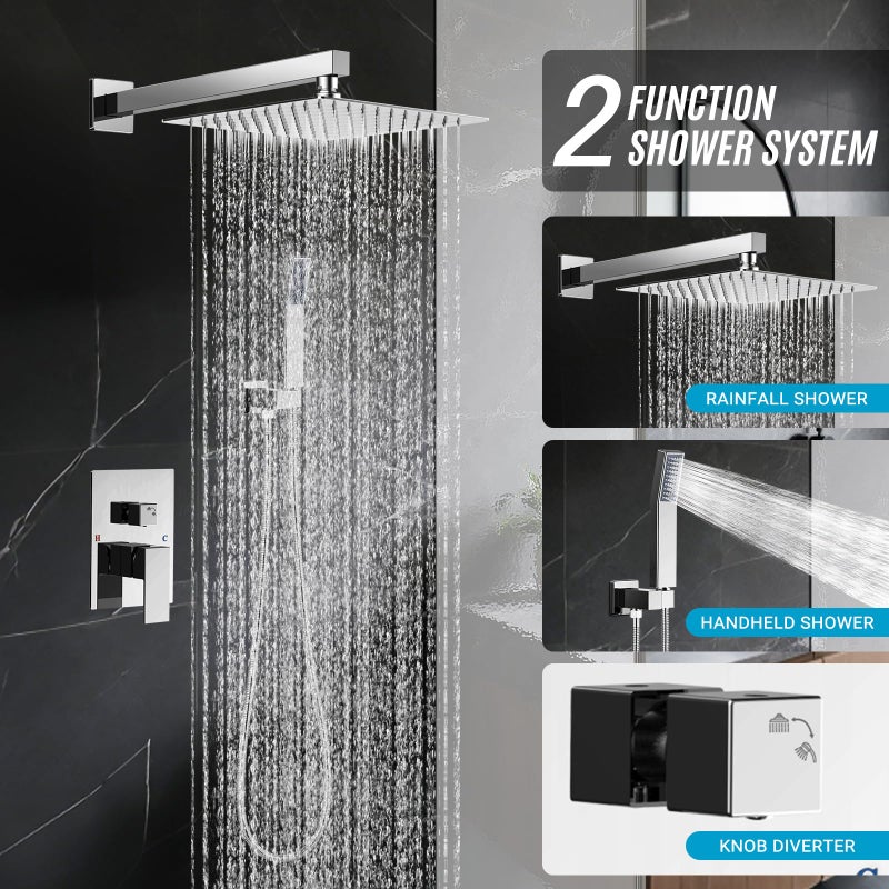 IUERASD Shower Faucet set with Shower head, Wall Mount 10 Inch Square Rainfall Shower Head and Handle Set Single Handle Shower System Set with Female Threads Valve Body and Trim Included (Chrome) - Image 2