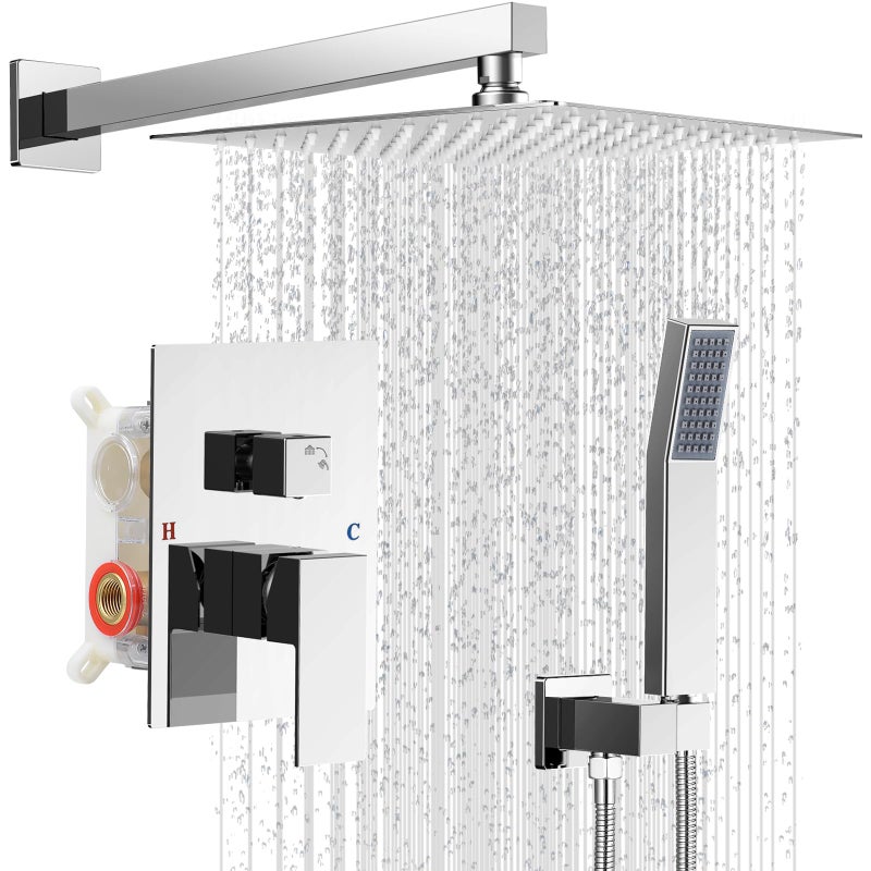 IUERASD Shower Faucet set with Shower head, Wall Mount 10 Inch Square Rainfall Shower Head and Handle Set Single Handle Shower System Set with Female Threads Valve Body and Trim Included (Chrome) - Image 1