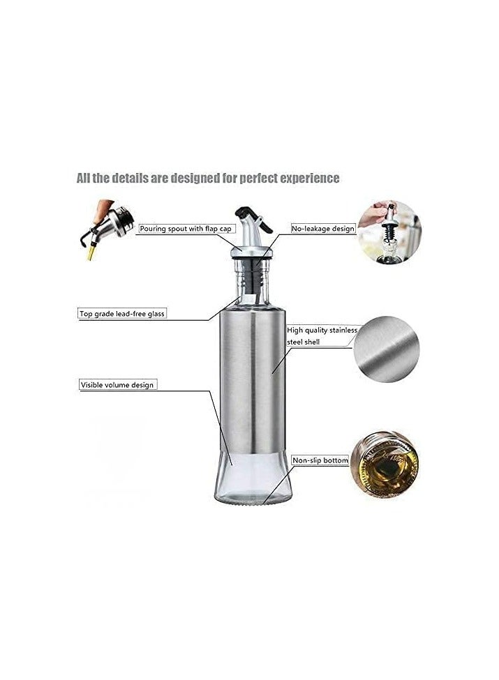 إي سي في في زجاجة زيت زيتون ECVV سعة 500 مل، مصنوعة من الزجاج والفولاذ المقاوم للصدأ، مزودة بفوهة مانعة للتسرب، ومزودة بفلتر للخل والزيت للمطبخ (فضية) - Image 2