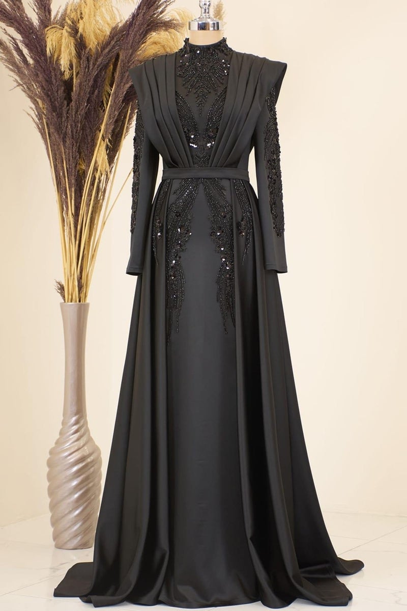 Esilanur Draped Front Tail Beaded Embroidered Miranda Hijab Evening Dress Black  - Image 1