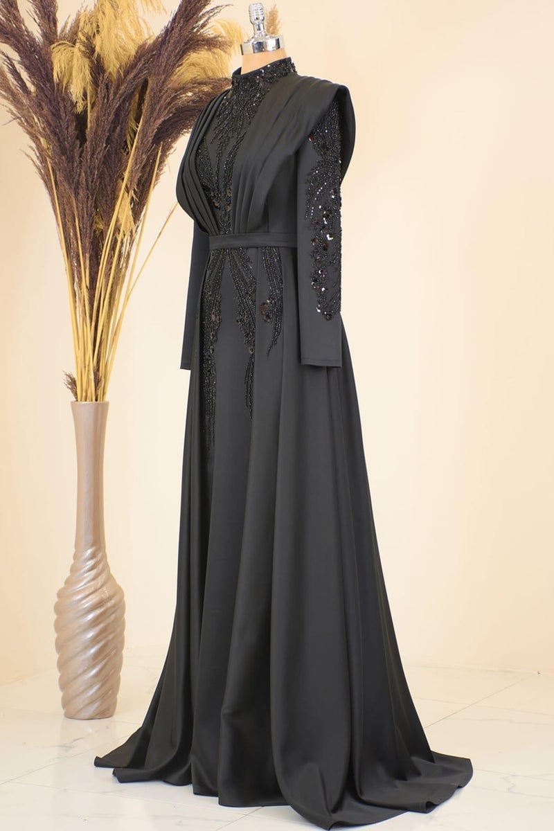 Esilanur Draped Front Tail Beaded Embroidered Miranda Hijab Evening Dress Black  - Image 2