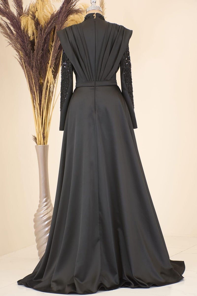 Esilanur Draped Front Tail Beaded Embroidered Miranda Hijab Evening Dress Black  - Image 3