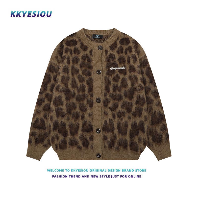 American Retro Leopard Design Knitted Cardigan Men'S And Women'S Niche Lazy High-End Couple'S Jacket - Image 3