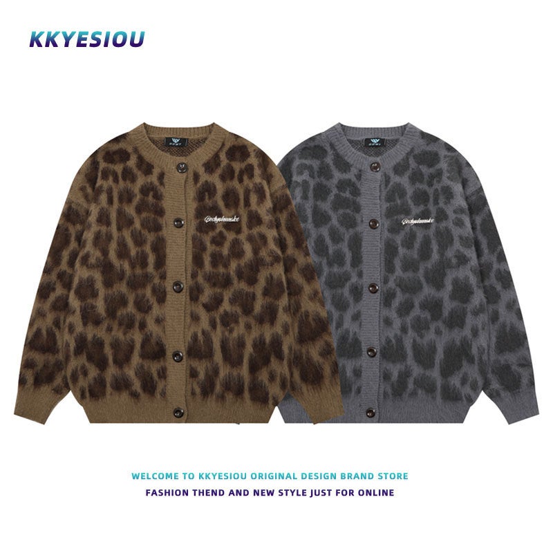 American Retro Leopard Design Knitted Cardigan Men'S And Women'S Niche Lazy High-End Couple'S Jacket - Image 2