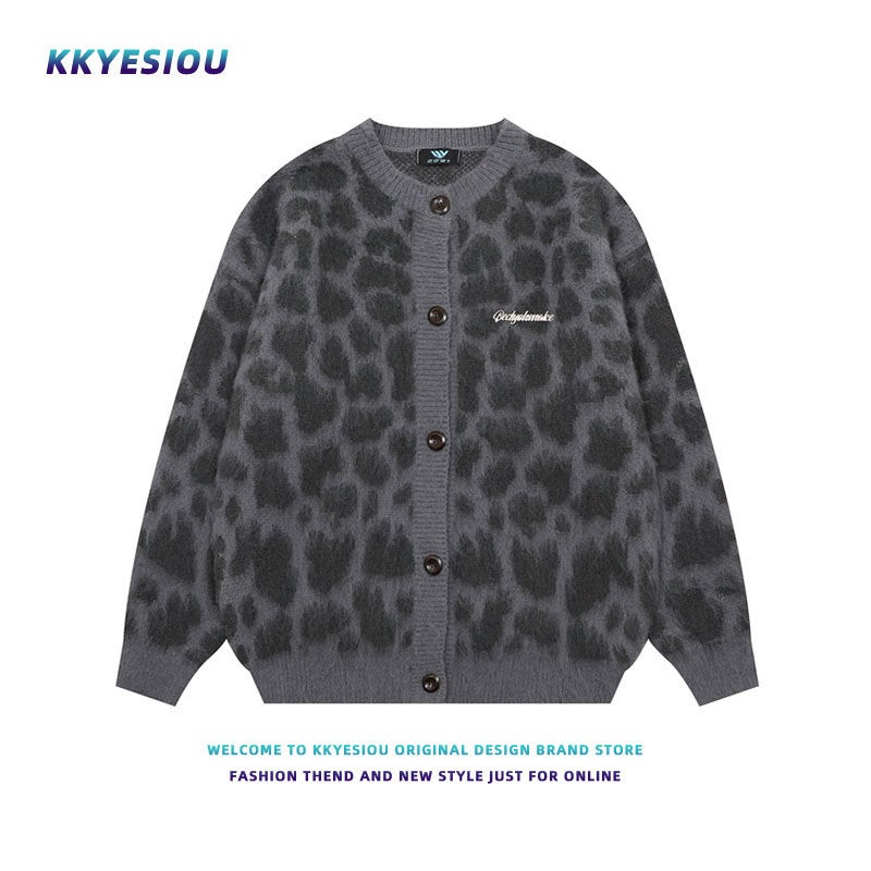 American Retro Leopard Design Knitted Cardigan Men'S And Women'S Niche Lazy High-End Couple'S Jacket - Image 4